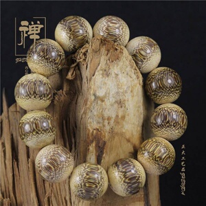 品手工打磨竹根雕手串20mm满鱼e子纹血龙竹丝金藏式108手串佛