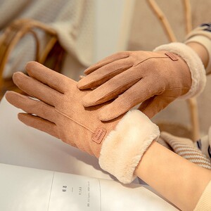 女生冬季加绒加厚麂皮绒保暖手套韩版手套秋冬天户外骑车防寒手套