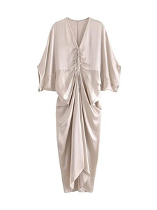 欧美外贸23新款法式长袍V领抽褶设计丝缎质感长衫连衣裙 4437092