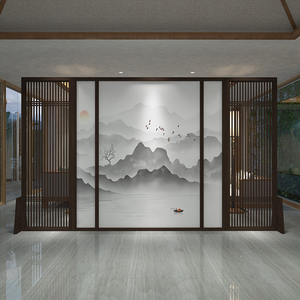 现代新中式隔断屏风客厅酒店大厅实木镂空餐厅办公山水背景墙座屏