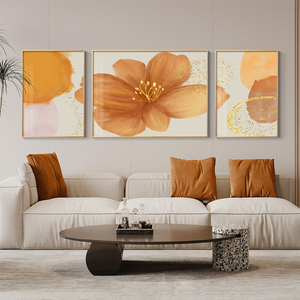现代简约客厅装饰画轻奢抽象植物花卉暖色温馨沙发背景墙三联挂画