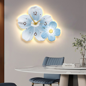 小清新客厅钟表装饰画led发光画壁灯奶油风餐厅时钟挂墙花卉挂钟