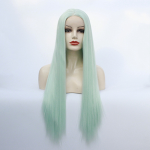 浅青色女式发型化纤高温丝t型前蕾丝欧美长直发青春靓丽假发头套