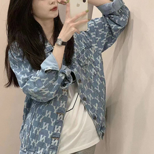 mlb牛仔外套女春秋季满印logo老花衬衫ny纽约洋基队泫雅同款夹克