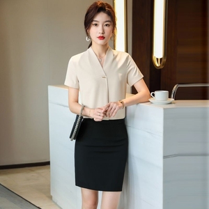 雪纺缎面白衬衫女短袖夏季v领衬衣职业套装维也纳酒店前台工作服