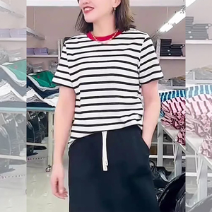 法式黑白色条纹红边圆领短袖T恤女2024夏季新款时尚显瘦减龄上衣