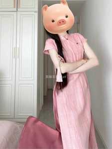 大码女装新中式粉色旗袍连衣裙夏季胖mm改良盘扣开叉上衣国风套装