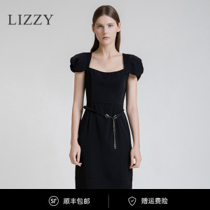 lizzy2022夏季新款高端女装花苞袖方领收腰显瘦短款连衣裙小黑裙