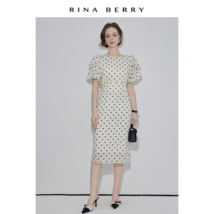 RINA BERRY白色泡泡袖波点裙夏季短袖气质淑女包臀中长款连衣裙