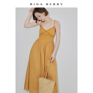 RINA BERRY黄色蕾丝花边无袖吊带连衣裙女夏季法式气质显瘦长裙