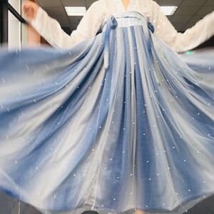 春夏月魄汉服女烫银钉珠亮丝渐变间色齐胸套装飘逸超仙女月魂古装