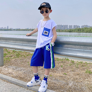 韩国男童无袖背心套装夏季洋气网红小男孩坎肩短袖童装大儿童衣服
