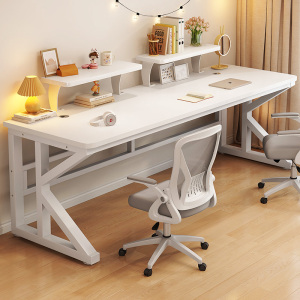双人电脑桌台式家用小型办公桌子学生学习桌卧室书桌带书架一体桌