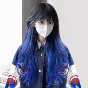 蓝色渐变假发女长发网红日系lolita长直发朋克辣妹风自然全头套式