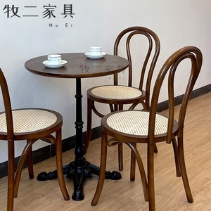 美式复古咖啡厅桌椅组合实木圆形奶茶店甜品店西餐厅索耐特藤编椅