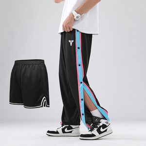 李宁贵宾排扣裤男夏季薄款篮球全开扣秒脱训练裤纽扣宽松束脚休闲