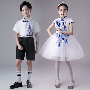 六一儿童演出服青花瓷诗歌朗诵礼服小学生大合唱团纱裙舞蹈表演服