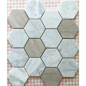 灰白六角石材马赛克墙贴天然大理石六边形灰木纹卡拉拉白浴室吧台
