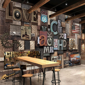 3d欧式复古怀旧木纹字母墙纸壁画酒吧咖啡厅饭店工业风背景墙壁纸
