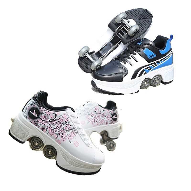 新变形收缩男女自动轮滑鞋可折叠童走路四轮滑轮鞋成年隐形鞋男女