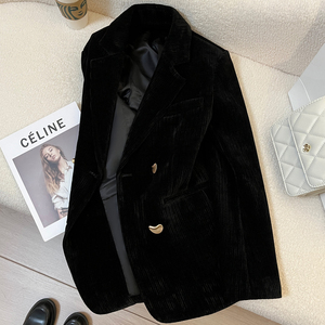 高级感黑色灯芯绒西装外套女2023冬季新款韩版设计感时尚气质西服