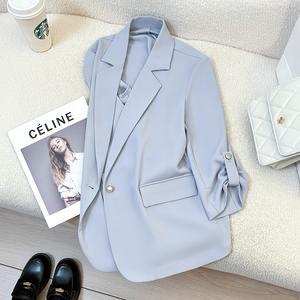 夏季薄款蓝色西装外套女2024新款韩版时尚设计感气质休闲西服上衣