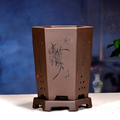 新品宜兴紫砂花盆兰花盆带托盘描金六方o盆君子盆兰草盆景盆室内