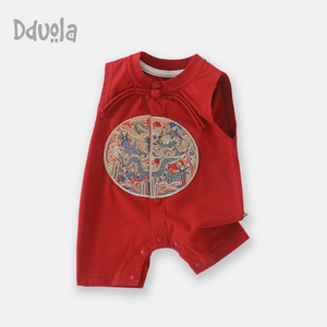 婴儿夏季男宝宝国风连体衣汉服红色背心中式满月百天衣服周岁礼服