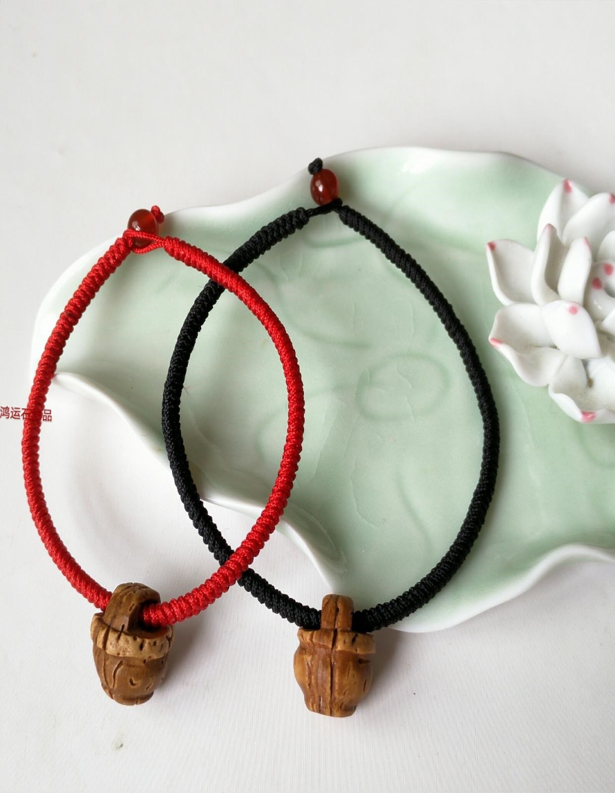 野生毛桃核红绳手链脚链成人男女桃核雕刻桃篮本命年桃木手串情侣