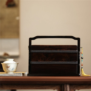 紫光檀提盒多层复古便携茶盒收纳盒木质茶提盒提篮木质中式食盒
