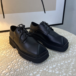 犀牛角小皮鞋女2022年夏季新款方头系带单鞋增高小众百搭德比鞋女