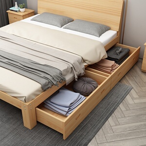 全实木床2米大床1米5带抽屉135cm宽的简单出租屋1米o35原木色单人