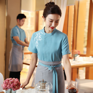 新中式服务员工作服短袖女高档酒店餐厅员工服装餐饮工装夏季套装