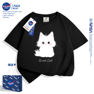 NASA小猫女童短袖t恤2024新款夏季纯棉宽松洋气女孩上衣儿童夏装