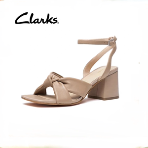 Clarks其乐女鞋真皮时装高雅舒适简约交叉带粗跟复古高跟凉鞋女