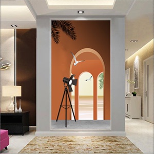 3d玄关延伸空间壁纸莫兰迪立体拱门墙纸客厅走廊过道海景创意壁画