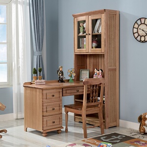 檀丝木电脑桌儿童美式书桌书柜组合台式写字桌家用木蜡油家具无漆