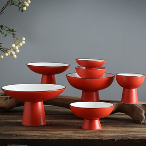 高脚盘红色陶瓷餐具婚礼盘子结婚果盘中式碟子大t红水果托盘高脚