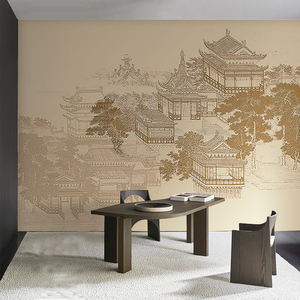 古风水墨山水画中式背景墙壁纸手绘古代壁画卧室房间床头装修墙纸