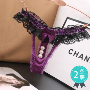 大珍珠内裤女内入丁字裤情趣火辣t裤性感镂空透明女士低腰蕾丝裤