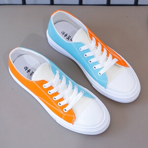 鸳w鸯鞋女帆布鞋撞色拼色学生潮流个性双色拼接百搭板鞋子韩版港
