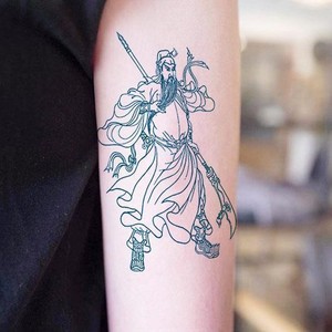 威武霸气半臂防水纹身贴男女刺青色关公小腿关二爷花臂贴仲基高圆