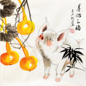 22手绘真迹国画十二生肖猪小斗方j三尺招财水墨画装饰画养怡之福