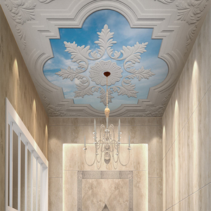 欧式石膏线吊顶天棚无纺布墙纸蓝天白云创意天花板背景墙壁纸壁布