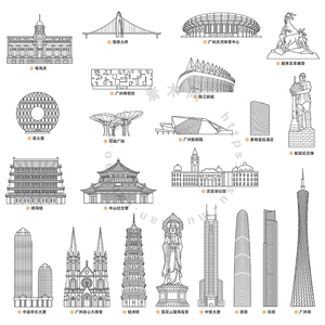 线描广州地标建筑 手绘景点五羊雕塑博物馆 ai格式矢量设计素材