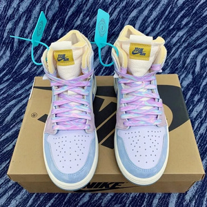 22适配aj1空中飞人空军一号af1zkoom米蓝色腰果花丝带扎染高帮鞋