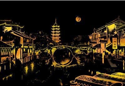 刮蜡画城市夜景