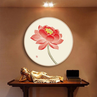 心经装饰画圆形莲花佛堂佛像q观音挂画佛字画玄关禅意茶室荷花壁