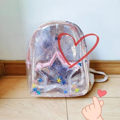 wang猫耳朵亮片双肩包星星挂饰流沙儿童透明银色幼儿园书包8人付款47