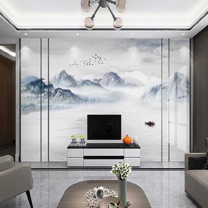 新中式水墨山水电视背景墙壁纸壁画8d客厅沙发装饰墙纸影视墙画布